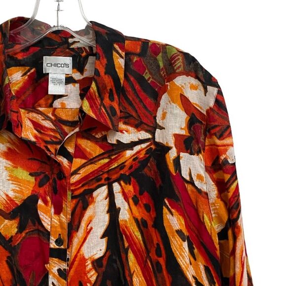 Chico's Linen Button Down Hawaiian Shirt Women's Size 3 Floral Orange Tunic - Picture 3 of 12